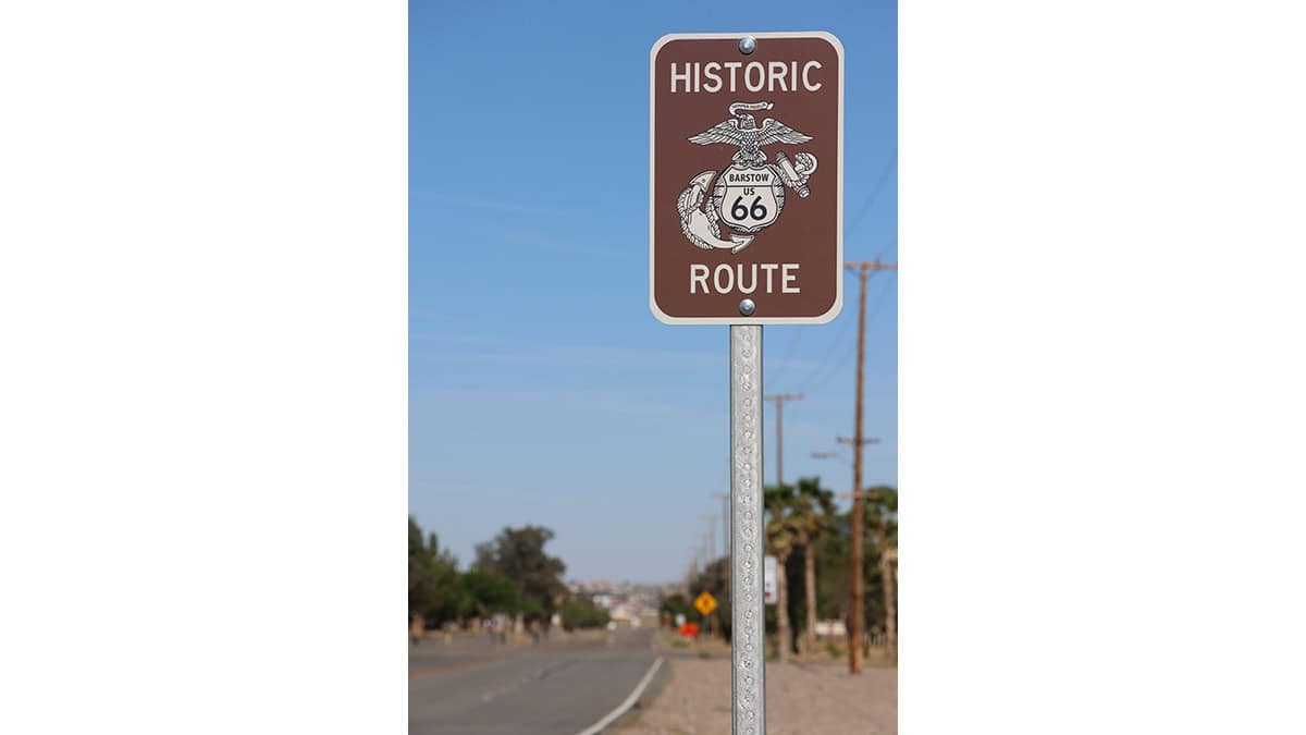 At the Marine Corps Logistics Base, Barstow, a segment of Route 66 is honored with special signage. The celebrated route turns 100 officially. on Nov. 11. The base is the only military installation with an original segment of Route 66 running directly through it.