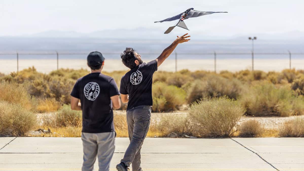 Mimicking a crow in shape and profile, Ornadyne's O1 launches during an evaluation during "Game of Drones" 26-3 at Edwards Air Force Base on Sept. 17. The 01 demonstrated the ability to spoof an aviary flight profile to modern radars.
