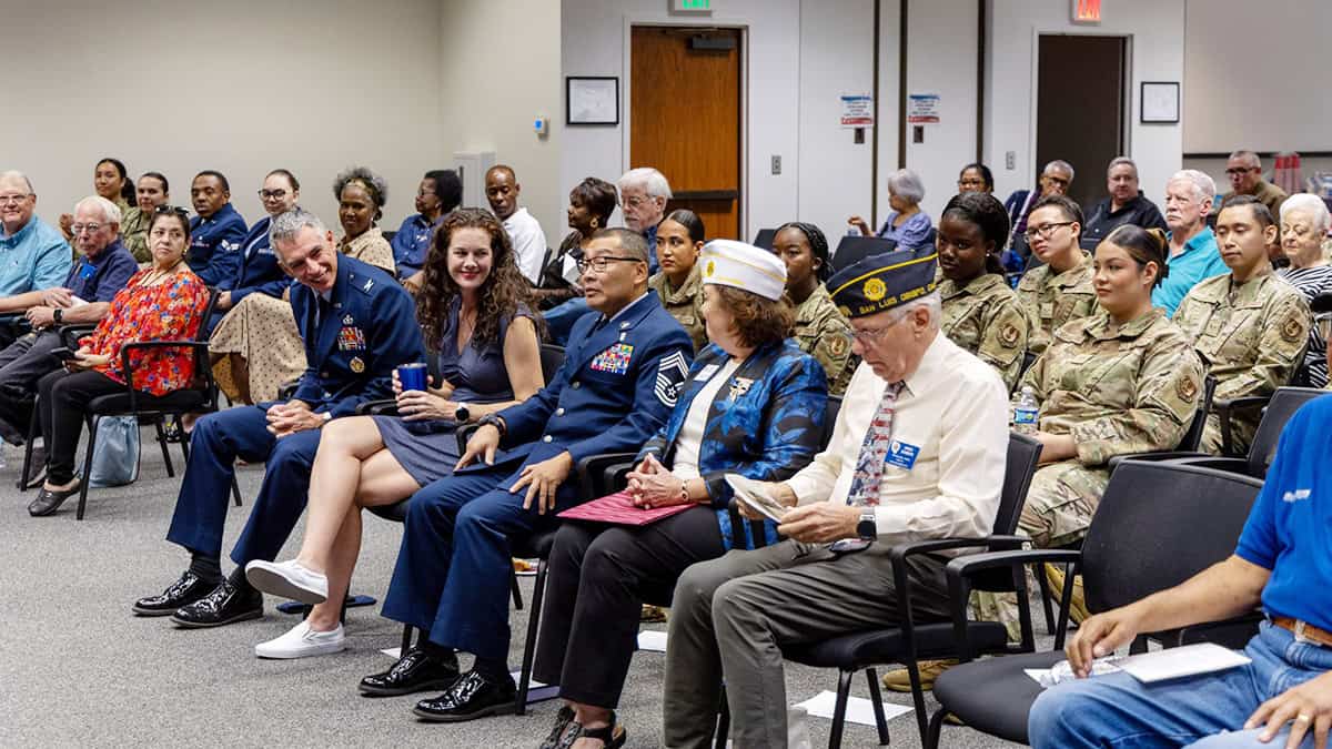 412th Test Wing officer and enlisted leaders connect with military retirees serving in Veterans Service Organizations before the start of the 2026 Retiree Appreciation Day formal ceremony at Edwards Air Force Base on Sept. 26.