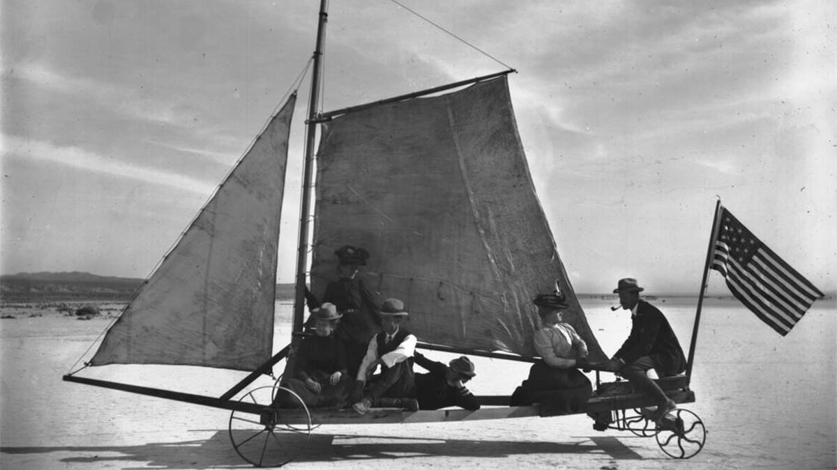 A 1905 photograph of the “Desert Queen” sailing on Rosamond Dry Lake in the Mojave Desert.