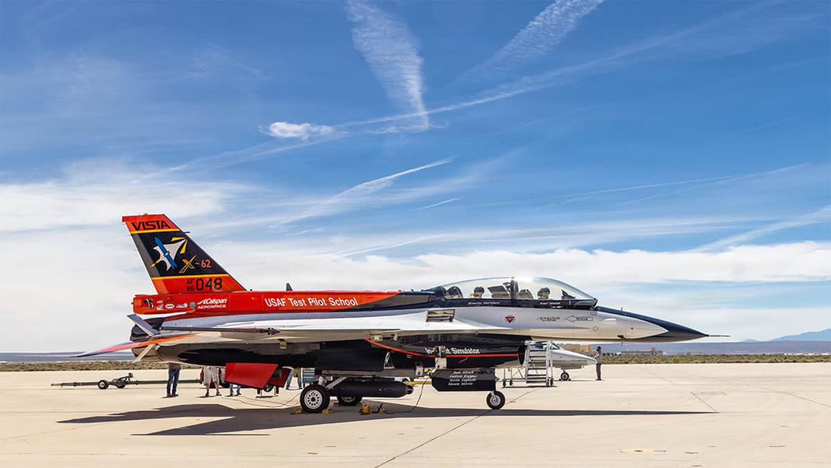 The X-62 VISTA basks in the Mojave sun before embarking on several test flights supporting HAVE HEAT and HAVE HOLIDAYS for the Air Force Test Pilot School and industry partners at Edwards Air Force Base, on April22.