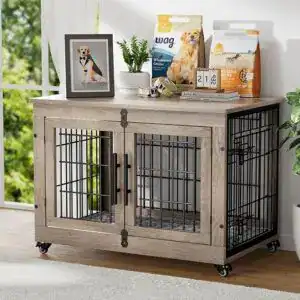 Picture of a Brown with Black wire dog crate. Beautiful enough to be used as a piece of furniture.