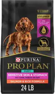 Purina Pro Plan Sensitive Skin & Stomach Puppy Food bag featuring a salmon and rice formula — a vet-recommended puppy food designed for healthy digestion and growth.