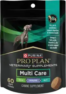 Black and green with gold writing purina pro plan veterinary supplements multi care for skin immune and gut dog treats