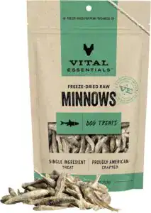 Vital Essentials Freeze-Dried Minnows — single-ingredient dog treats made from pure, raw fish. These vet-approved dog treats are high in protein and perfect for dogs with allergies or limited-ingredient diets.