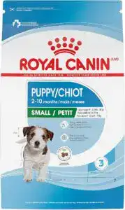 Royal Canin Small Breed Puppy food bag with a small puppy illustration — featured as one of the best puppy food 2025 choices for healthy early growth and digestion.