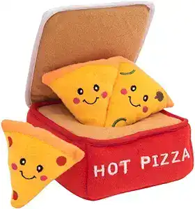 CLICK HERE. ZippyPaws Burrow Puzzle Plush Dog Toy, Interactive Squeaky Toy for Enrichment, Hide and Seek Game for Small to Medium Dogs, Pizza Box