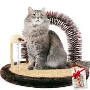 Long-haired gray cat sitting on a round self-grooming arch brush with toy mouse and catnip pack — ideal for reducing shedding and promoting independent grooming.