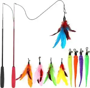 Colorful interactive cat toy wand set with feather and worm refills – includes two wands and multiple attachments for playful feline exercise and stimulation.