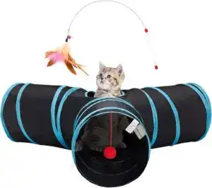 Black and blue 3-way cat tunnel with kitten playing inside, featuring hanging ball toy and feather wand for interactive feline playtime