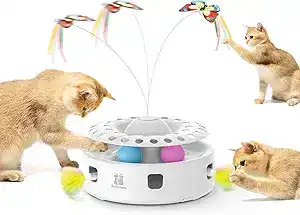 CLICK HERE. [3 in 1, Most Versatile Cat Toy Ever] – shooting feather from random holes, flying butterfly and balls in the track. The fluffy feather keeps hiding and popping out from random holes, unpredictable movement stimulates cats to swat and play. Lifelike butterfly that flaps around in the air like real easily prompts cats to pounce and bat. The balls which you can put in the track add extra fun when cats stick their claws into the track and bat the balls [Smartest Cat Toy] – The feather or butterfly runs for 5 mins and then stops if left alone, then on standby for 4 hours during which cats can re-activate it with a slightest touch. If left alone for over 4 hours, the electric cat toy auto shuts off and needs to be re-started by flicking the switch