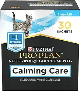 Purina Pro Plan Calming Care for cat anxiety relief – feline calming probiotic supplement with 30 sachets. Veterinary-recommended formula supports calm behavior in cats using B. longum BL999. Packaging features a silver tabby cat and bold product branding.