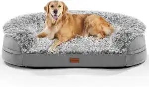 “Golden retriever relaxing on a plush orthopedic dog bed for large dogs — luxury comfort design with supportive bolsters and soft faux fur cover.”