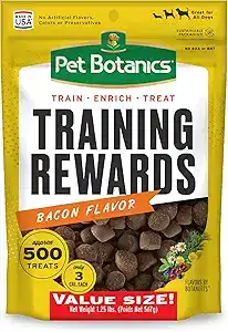 Pet Botanics Training Rewards Bacon Flavor — soft, low calorie treats for small dogs made with natural ingredients. These healthy dog treats for small breeds are perfect as small dog training treats and are among the top vet recommended dog treats for 2025, offering tasty motivation while supporting good behavior and balanced nutrition.