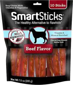 SmartSticks Beef Flavor dog chews — healthy dog treats for small breeds that are easy to digest, rawhide-free, and enriched with vitamins. Perfect as small dog training treats or low-calorie treats for small dogs. A vet recommended dog treat for 2025 that supports dental health and satisfies chew cravings naturally.
