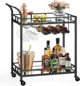 CLICK HERE. Bar Cart Black, Home Bar Serving Cart, Wine Cart with 2 Mirrored Shelves, Wine Holders, Glass Holders, for Kitchen, Dining Room, Black