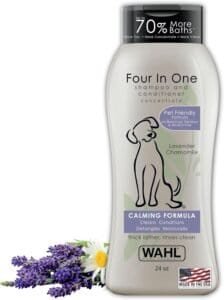 Wahl Four-in-One calming formula tear free puppy shampoo with lavender and chamomile, designed to gently cleanse, condition, and soothe sensitive puppies.