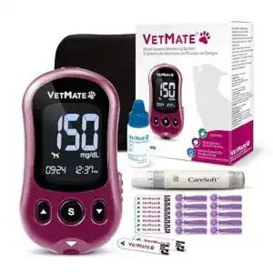 VetMate Blood Glucose Monitoring System for dogs and cats — a dog diabetes monitor and one of the best glucose meters for pets, featuring test strips, lancets, and a control solution for accurate at-home testing.