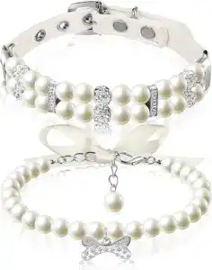 CLICK HERE. Hicarer 2 Pcs Small Dog Cat Pearl Collars and Pearl Necklace Set Cute Pet PU Leather Collars Necklace with Crystal Rhinestone for Dogs Cats Puppy Kitten Party Wedding Birthday
