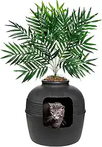 CLICK HERE. Hidden Litter Box Base Kit, Round Enclosed Cat Planter Furniture with Fake Plant, Hooded Vented Carbon Filter System for Odor Control, Easy to Clean, Made in USA