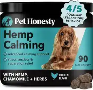 Pet Honesty Hemp Calming Chews for Dogs – 90 Chicken-Flavored Soft Chews with Hemp, Chamomile, and Herbs – Supports Stress, Anxiety, and Separation Relief – 4/5 Dogs Showed Less Anxious Behavior