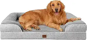 Golden Retriever lying on a light gray orthopedic dog bed with raised bolsters and memory foam cushion. Provides joint support and comfort for large dogs, ideal for senior pets or dogs with arthritis.