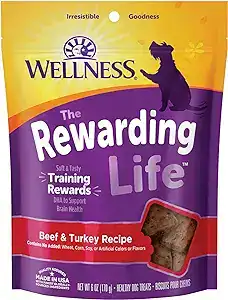 CLICK HERE. ALLERGY CONSCIOUS. Wellness Rewarding Life Dog Treats, Natural, Training Treat, Grain Free, Soft Lamb & Salmon