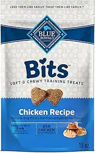 Blue Buffalo Bits chicken recipe - soft and chewy low calorie dog training treats made with real chicken and DHA to support healthy development in dogs.