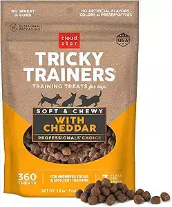 Cloud Star Tricky Trainers soft and chewy cheddar treats — flavorful puppy training treats that are low-calorie, healthy, and ideal for positive reinforcement