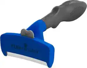 Blue FURminator deshedding tool with ergonomic black handle, designed to reduce loose hair and undercoat in dogs.