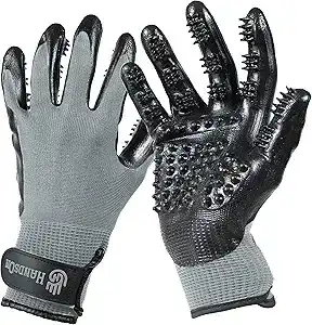 Pair of black and gray HandsOn pet grooming gloves with flexible rubber bristles, designed for de-shedding and massaging during grooming sessions.