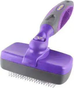 Purple and gray Hertzko self-cleaning slicker brush with ergonomic handle and fine wire bristles for grooming dogs.