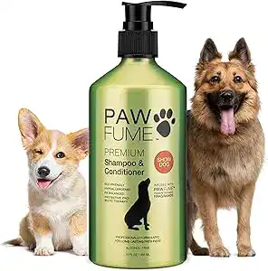 Pawfume Premium Dog Shampoo and Conditioner – 12 oz bottle with pump, eco-friendly, hypoallergenic, pH balanced, infused with show dog fragrance, shown with two happy dogs