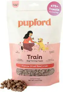 Bag of Pupford freeze-dried beef liver training treats shown with small bite-sized pieces in front — one of the best puppy training treats for puppies due to their high-value flavor and simple ingredients.