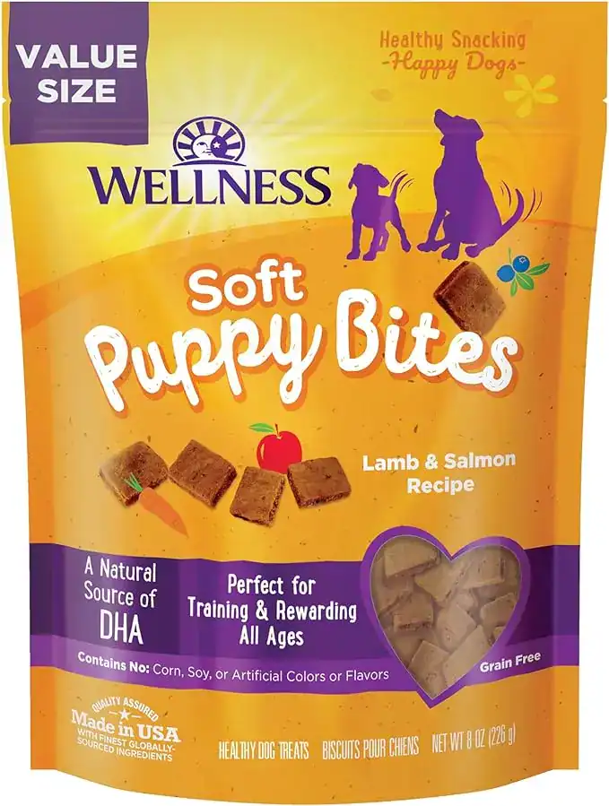 Soft Puppy Bites lamb and salmon training treats ideal for training sessions as part of a daily puppy routine