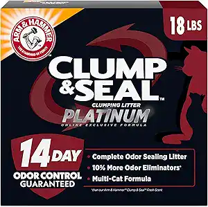 “Arm & Hammer Clump & Seal Platinum clumping litter – one of the best cat litter for odor control with a 14-day odor guarantee and multi-cat formula.”
