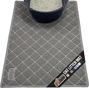 Grey cat litter mat designed to trap litter, featured in the best cat supplies and recommended as part of vet-recommended cat supplies for cleaner floors