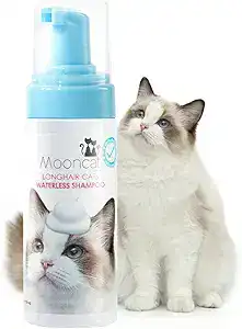 Mooncat longhair cat waterless shampoo with white fluffy cat – best cat products on Amazon and gentle grooming essential for new owners.