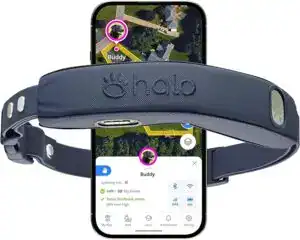 Halo Collar 4 shown wrapped around a smartphone, featuring real-time GPS location tracking and activity monitoring — a smart device that works as both a dog fitness tracker and GPS dog tracker for keeping pets safe and active.