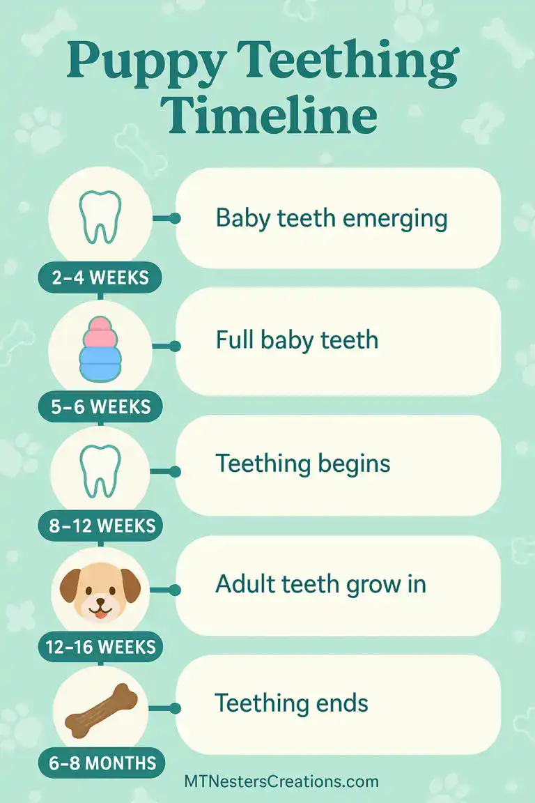 Puppy teething age timeline chart with key milestones.