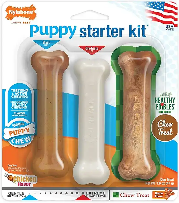 Nylabone puppy starter kit for teething puppies, a helpful solution for calming a puppy down from biting and redirecting chewing