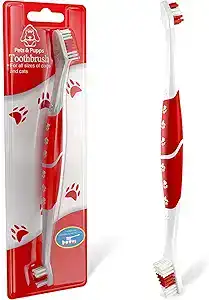 Pets & Pupps dual-headed dog toothbrush with red handle and paw print design, suitable for all dog and cat sizes