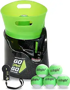 Hyper Pet GoDogGo Fetch Machine with bright green bucket-style launcher, remote control, and six green tennis balls—an automatic ball launcher designed for active dogs who love to play fetch independently."