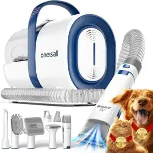 Oneisall dog grooming vacuum kit with 7 tools for deshedding pets, featuring a white and blue vacuum, attachments, and a happy dog and cat.