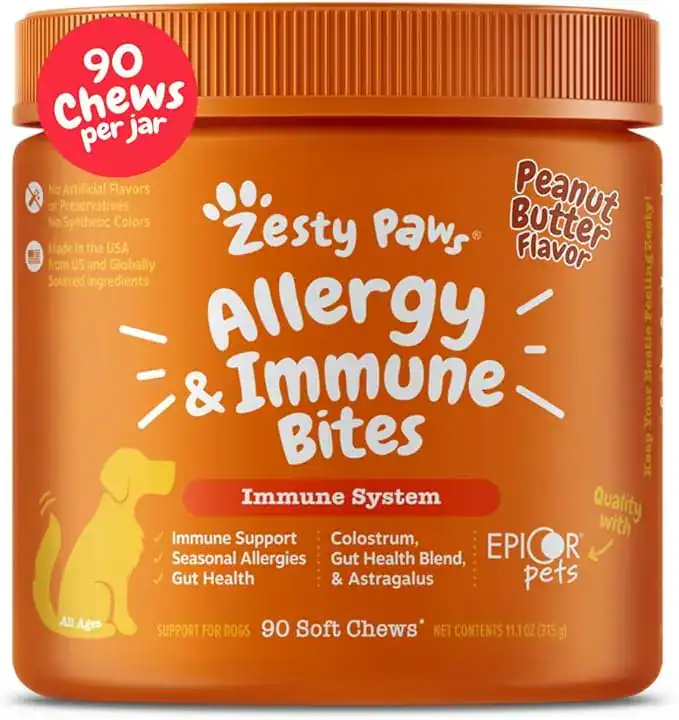 Zesty Paws Allergy and Immune Bites – one of the best products to help dogs with allergies. Vet-recommended dog allergy supplements with probiotics and colostrum for skin and immune support.