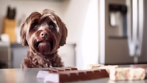 Curious dog near chocolate pieces, illustrating the danger and what to do if your dog eats chocolate.