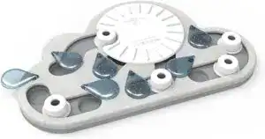 Interactive cat puzzle toy shaped like a cloud with treat compartments and sliding pieces – designed to stimulate mental activity and slow down eating.