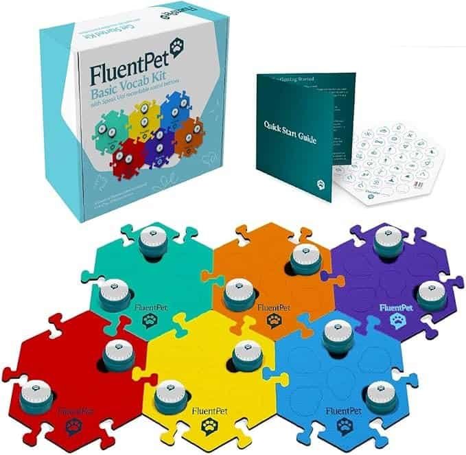FluentPet talking button set with colorful hex tiles and guidebook — a viral favorite among Amazon pet finds and unique pet gadgets. This interactive communication kit is one of the most fun pet toys and innovative dog and cat finds, making it a standout choice for Amazon pet gifts 2025.