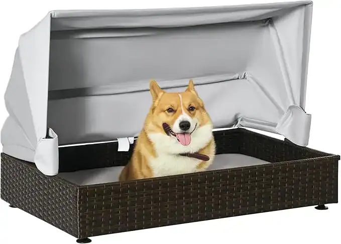 Cute Corgi relaxing in a stylish rattan-style canopy bed with a cushioned base — one of the top luxury dog beds combining comfort and elegant home design.