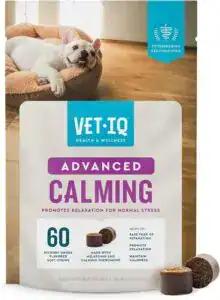 VetIQ Advanced Calming soft chews — vet-recommended calming chews for dogs made with melatonin and natural ingredients to promote dog anxiety relief and gentle stress relief for dogs naturally.